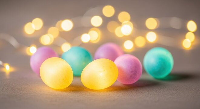Group of translucent pastel Easter eggs in yellow, pink, and teal colors glowing on a textured surface with out-of-focus golden fairy lights background for festive celebration.