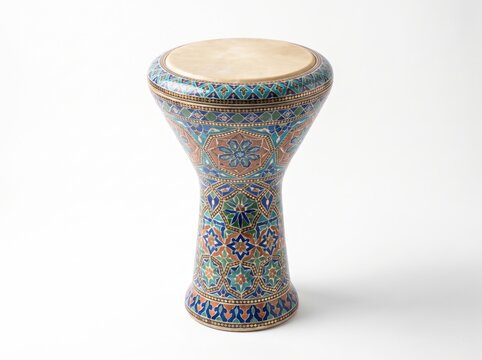 Traditional middle eastern goblet drum with intricate geometric mosaic inlay isolated on white background