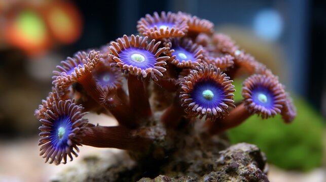 Close-up of vibrant zoanthid corals, showing detailed colors and textures
