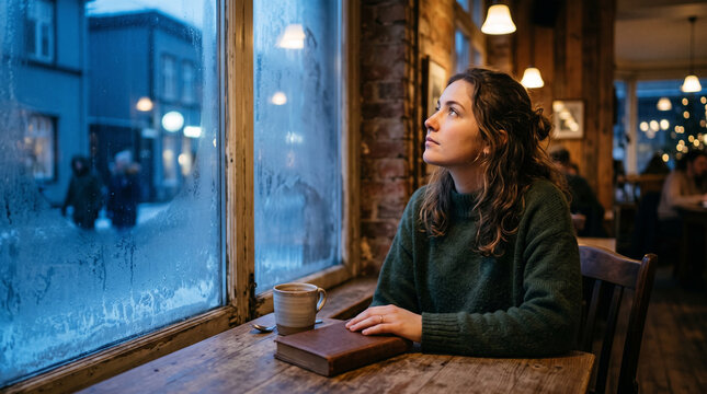 Woman looking out cafe window