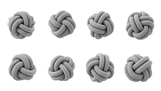 Eight grey decorative monkey fist knots arranged in two rows on a plain white background, isolated on a, transparent background
