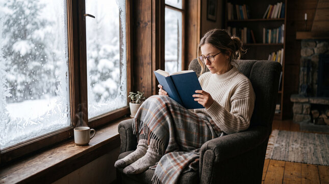 Woman reading book by window in cozy cabin
