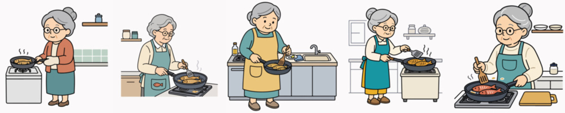 Set of vector illustrations of a grandmother cooking fish in the kitchen.