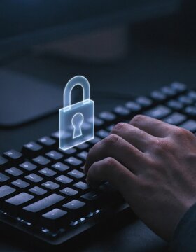 A hand hovering over a keyboard with a holographic digital padlock symbolizing the importance of cybersecurity and data protection in today's advanced digital landscape