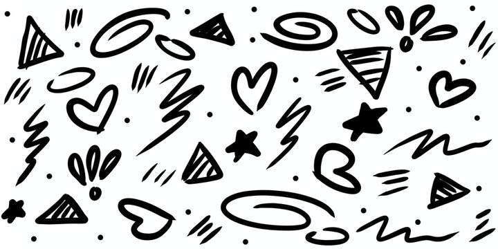 Seamless hand drawn doodle pattern featuring black and white sketch elements including hearts, arrows, clouds, crowns, smiley faces, abstract lines, geometric shapes, and playful icons.