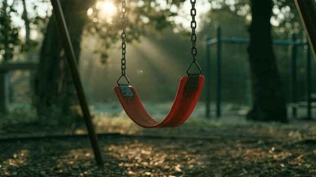 Swing in a playground at sunrise with sunlight shining through trees