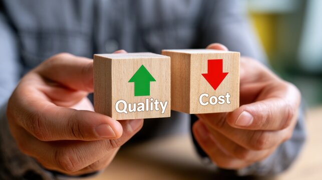 Business strategy balance quality and cost with up and down arrows
