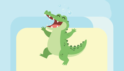 Naklejka premium Cheerful green cartoon crocodile smiling happily and dancing joyfully inside a calm blue water pool with bubbles.