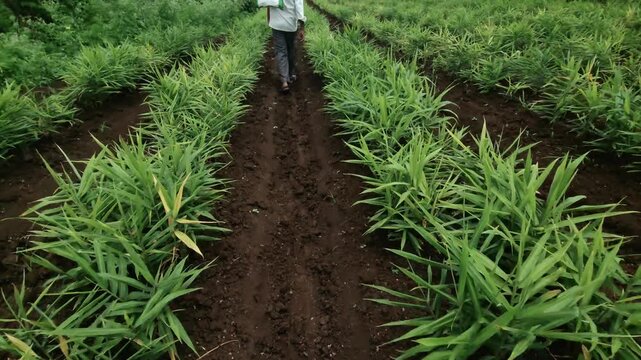 Unrecognized Farmer Walking Away Down Field Furrows after completing field inspections in a lush ginger crop plantation, capturing authentic rural lifestyles, human labor & sustainable farm management