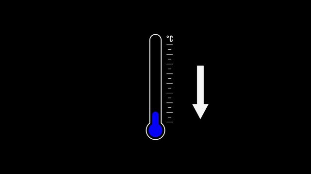 Animation of a digital thermometer icon showing a sharp drop in temperature. The indicator liquid scale moves downward dynamically, changing its color from hot red to cold blue.