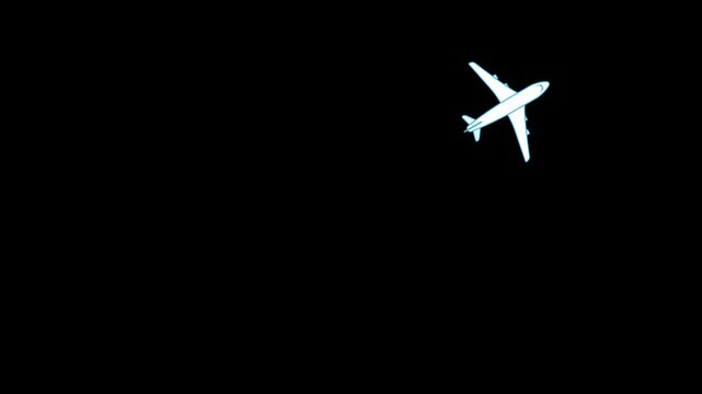 Animation of a passenger airplane flying smoothly across a black background. The commercial jet enters from the bottom left and exits to the top right, 