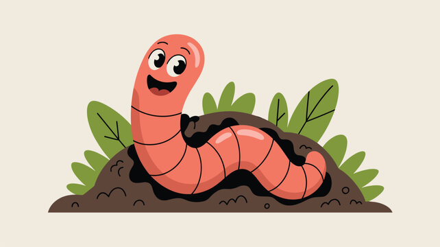 Cute pink cartoon earthworm smiling and popping out of a brown dirt pile in a garden surrounded by green leaves.