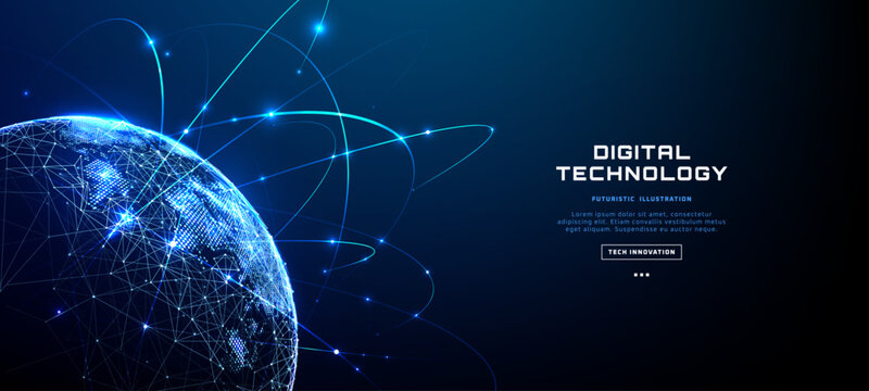 Digital world globe with glowing network connections, orbital lines and illuminated dots positioned left on dark blue background with copy space. Futuristic global communication concept. Vector