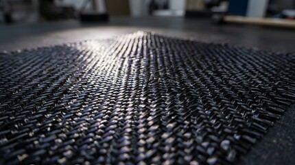 Fototapeta premium Carbon fiber weave texture displays complex geometric patterns with shiny reflective metallic surfaces captured in a sharp macro photography style