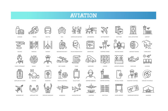 Air Travel or Airport Services outline icon set