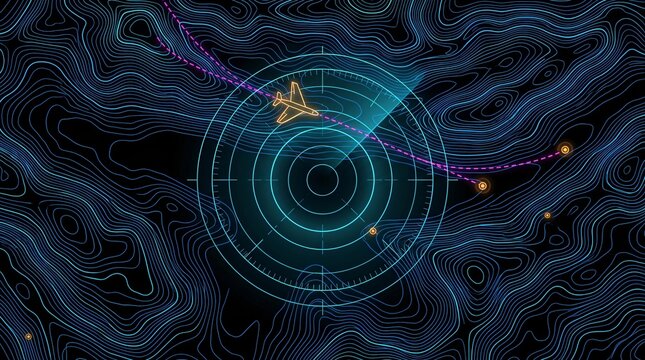 Digital bathymetry and coastal shoreline topography navigation interface with glowing blue elevation wireframe mesh and offshore drone telemetry route over dark ocean shelf grid coordinate map