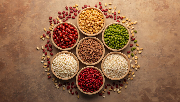 The image shows an assortment of various types of dry beans, legumes, and pulses arranged in wooden bowls on a textured brown surface