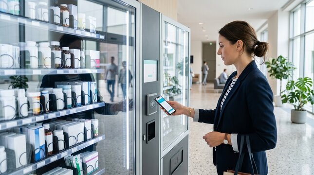Woman making contactless smartphone payment at automated medical supply vending machine in clinic hallway, highlighting modern healthcare retail