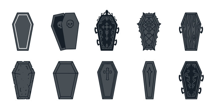 Ten different decorative coffins and caskets are presented in a collection of vector illustrations, showcasing various gothic designs and spooky elements.