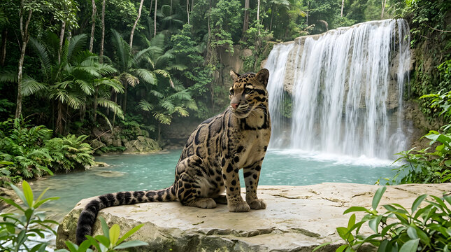 Clouded leopard cat, sitting on rock, exotic spots long tail flora turquoise pond, lush tropical rainforest jungle with majestic waterfall, travel blog conservation advertisements marketing use