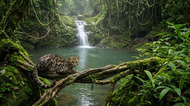 Marbled cat wildlife, resting on mossy tree branch above water, dense tropical foliage and lianas, exotic rainforest waterfall with deep green pond, perfect for nature documentary or travel promo.
