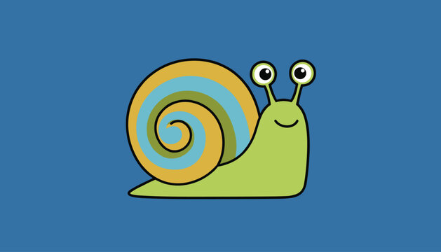 Adorable cartoon garden snail with a colorful blue, green, and yellow spiral shell smiling on a blue background.