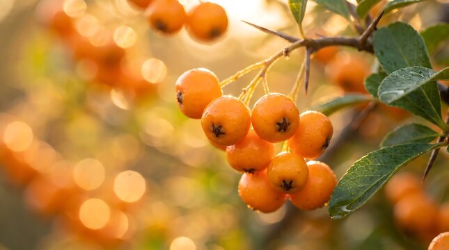 Close-up of Orange Pyracantha Berries on Thorny Branch