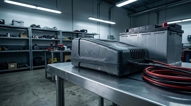 A 12v battery charger connected to a car battery on a stainless steel work table inside an automotive workshop.