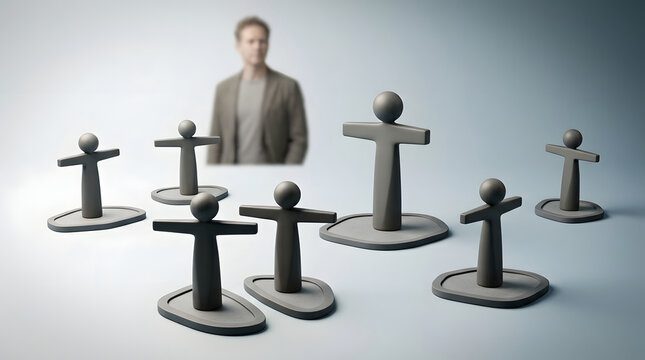 Leadership figures management, overseeing abstract human figurines in focus, minimalist grey icons representative of workforce or team members, blurred office setting, for corporate marketing ads, im