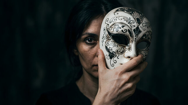 Woman hiding behind an ornate Venetian masquerade mask portraying dual identity and psychological mystery