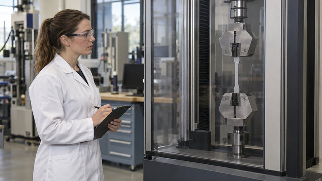 Engineer Performing Tensile Strength Test on Metal Specimen in Materials Laboratory