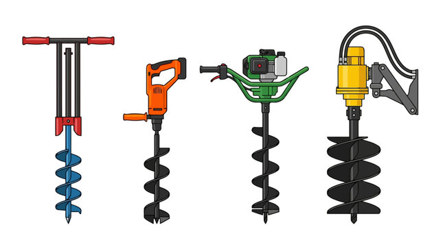 Vector illustration set of various earth augers including manual, electric, gasoline, and hydraulic post hole diggers for construction and gardening isolated on white background