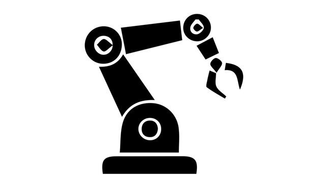 Industrial robotic arm silhouette, mechanical factory manipulator icon, automated production line robot vector, black engineering equipment
