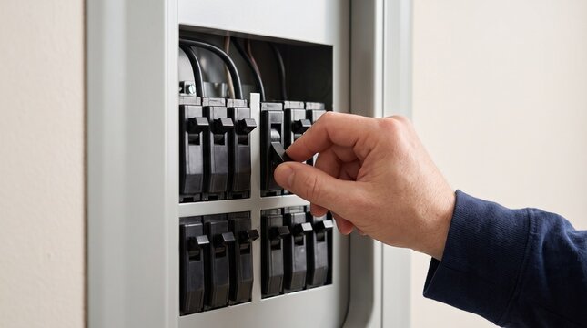 Hand flipping switch on electrical breaker panel box, highlighting home maintenance, energy saving, power outage troubleshooting, and safety management