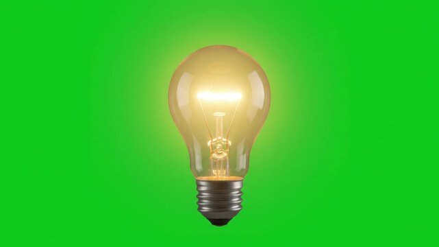 Realistic Glowing Light Bulb Turning On and Shining Brightly on Green Screen Background, Creative Idea Animation