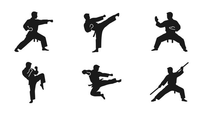 Martial Arts Silhouettes Set Karate Taekwondo Kung Fu Fighter Poses Vector