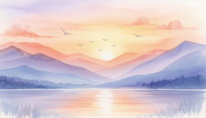 Fototapeta premium 夕焼けの空と山を背景に湖の上を飛ぶ鳥を描いた風景イラスト