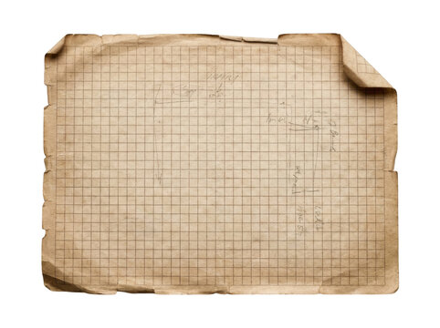 Aged vintage graph paper sheet with handwritten technical notes isolated on transparent background for concept art