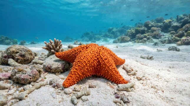 Close focus on starfish on sandy seabed with corals.