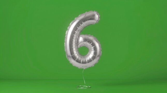 Silver foil number 6 balloon floating on a green screen studio