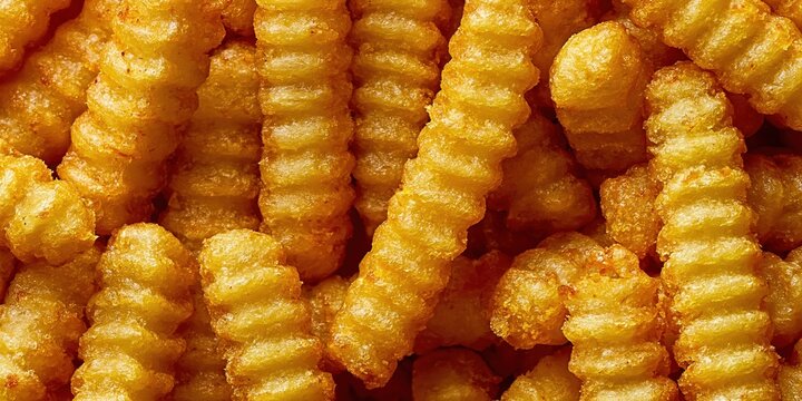 Fries made from potatoes are arranged in a tightly packed manner on a plate ready to be enjoyed