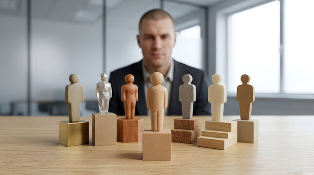 Human resources recruitment, professional manager evaluating talent selection, diverse material miniature figures on pedestals, blurred corporate office setting, perfect for business marketing use.