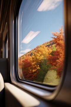 Train window view showcases vibrant autumn landscape with colorful orange and yellow foliage. Bright blue sky contrasts with warm colors of trees. Scene conveys travel and nature