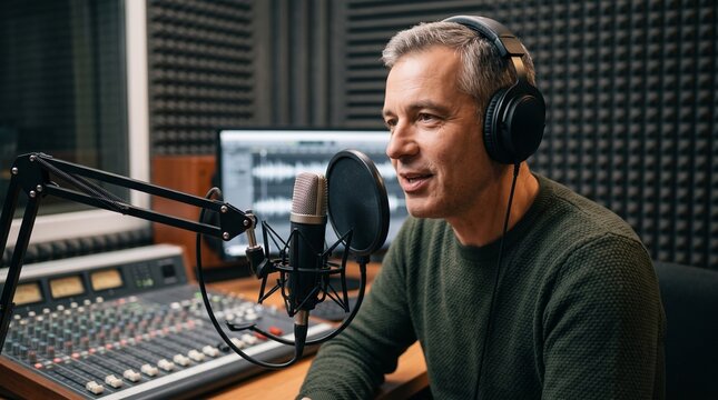 Male radio host with headphones speaking into studio microphone at sound mixing console, conveying professional broadcasting, podcast recording, and voiceover work