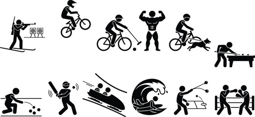 Obraz premium Outdoor sports and leisure activities icon set featuring biathlon bmx bodybuilder surfing bobsleigh boxing stickman