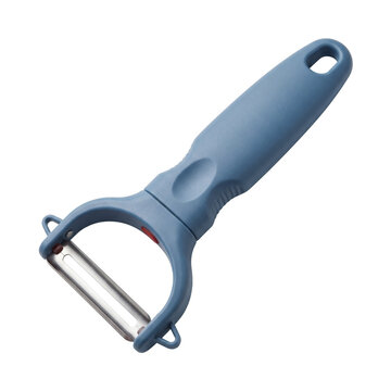 Kitchen preparation, a blue vegetable peeler has a curved handle and a horizontal metal blade. Its open fork, grip and hanging hole appear in an angled view against a transparent background.