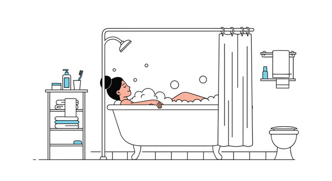 Young woman relaxing and taking a warm bubble bath in a cozy modern bathroom with shelves, towels, and toiletries.