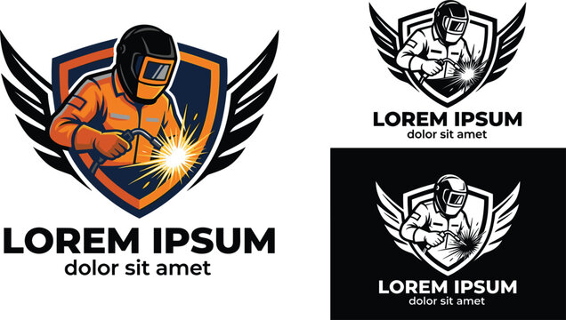 Professional metal welder worker character mascot logo featuring helmet torch shield wings and bright sparks concept