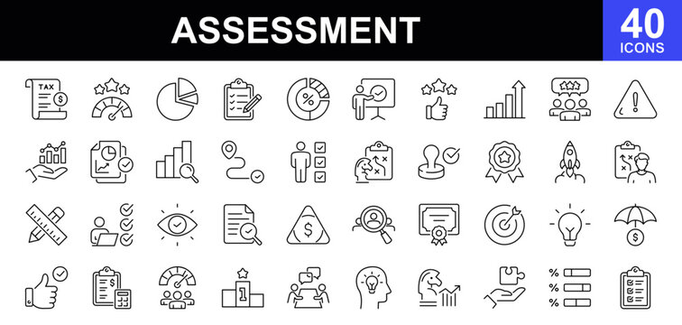 Assessment icon set. Contains such icons as analysis, evaluation, compliance, audit, plan, quality, process, result, goal and more. Linear icon collection. Vector illustration