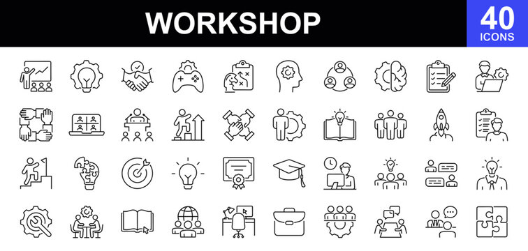 Workshop icon set. Contains such icons as business, coaching, meeting, teamwork, team building, education and more. Linear icon collection. Vector illustration